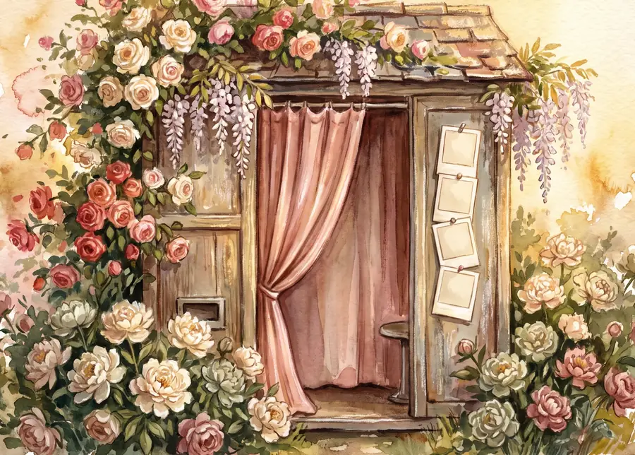 A watercolour painting of a photobooth with a curtain.