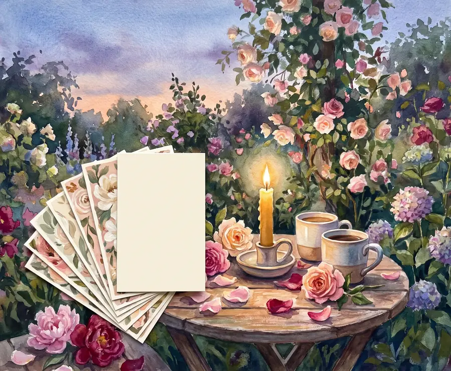 A watercolour painting of a deck of cards on a garden table beside a candle.