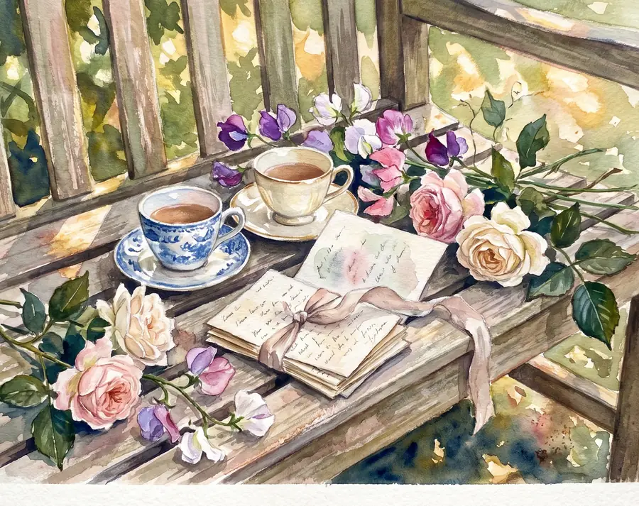 A watercolour painting of a garden table with tea, cards and letters.