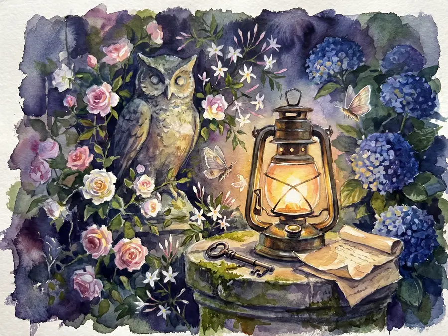 A watercolour painting of a candle-lit table with a folded riddle on it.
