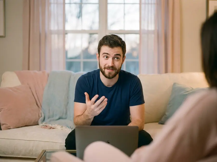 Someone sitting up straight on a sofa, gesturing mid-sentence at a laptop, half-smiling.