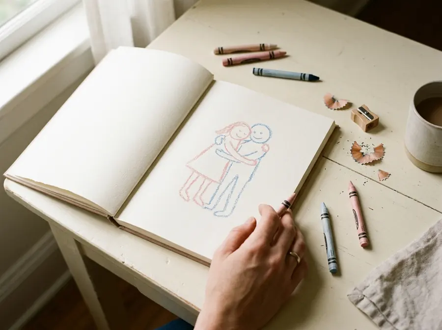 A childlike crayon drawing of two stick figures hugging, in an open sketchbook.