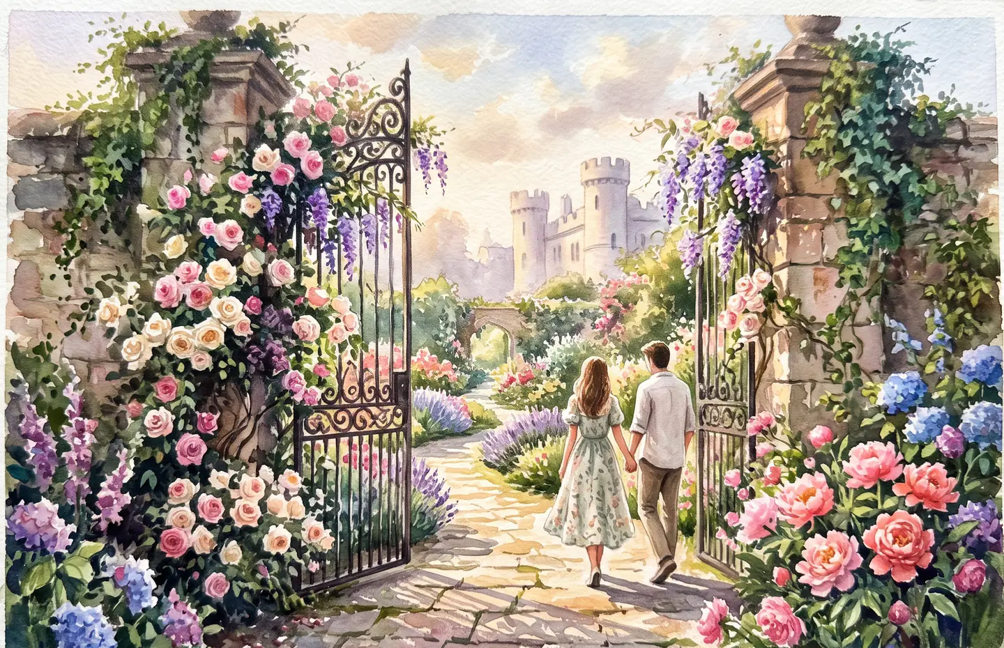 A watercolour painting of a couple walking hand in hand through a rose-covered gate into a castle garden.