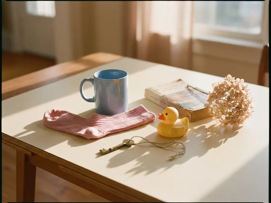 Odd household objects gathered in a hurry on a cream table: a mug, a sock, a rubber duck, a key.