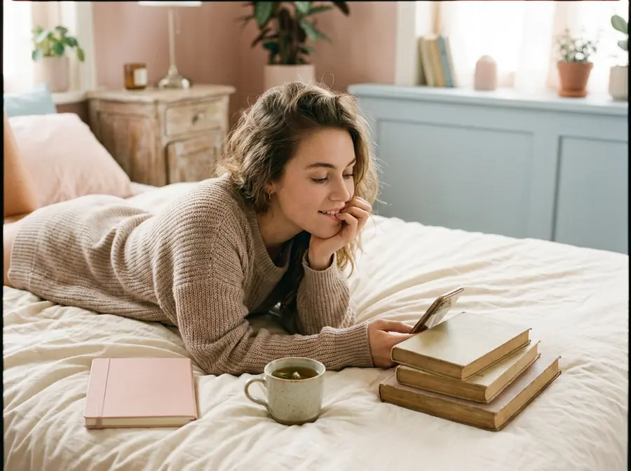 Someone lying on a bed, thinking, looking at a phone propped against books.