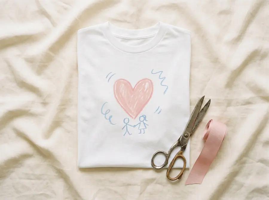 A white cotton t-shirt on cream linen, printed with a hand-drawn pastel heart and two stick figures.
