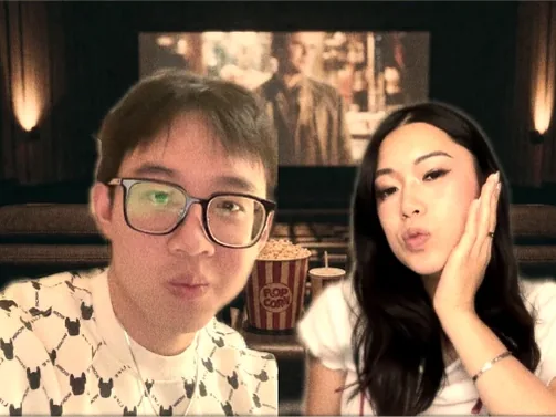 The same couple in one strip frame from their own rooms, sharing a cinema seat with popcorn while they both pull the same puckered face.