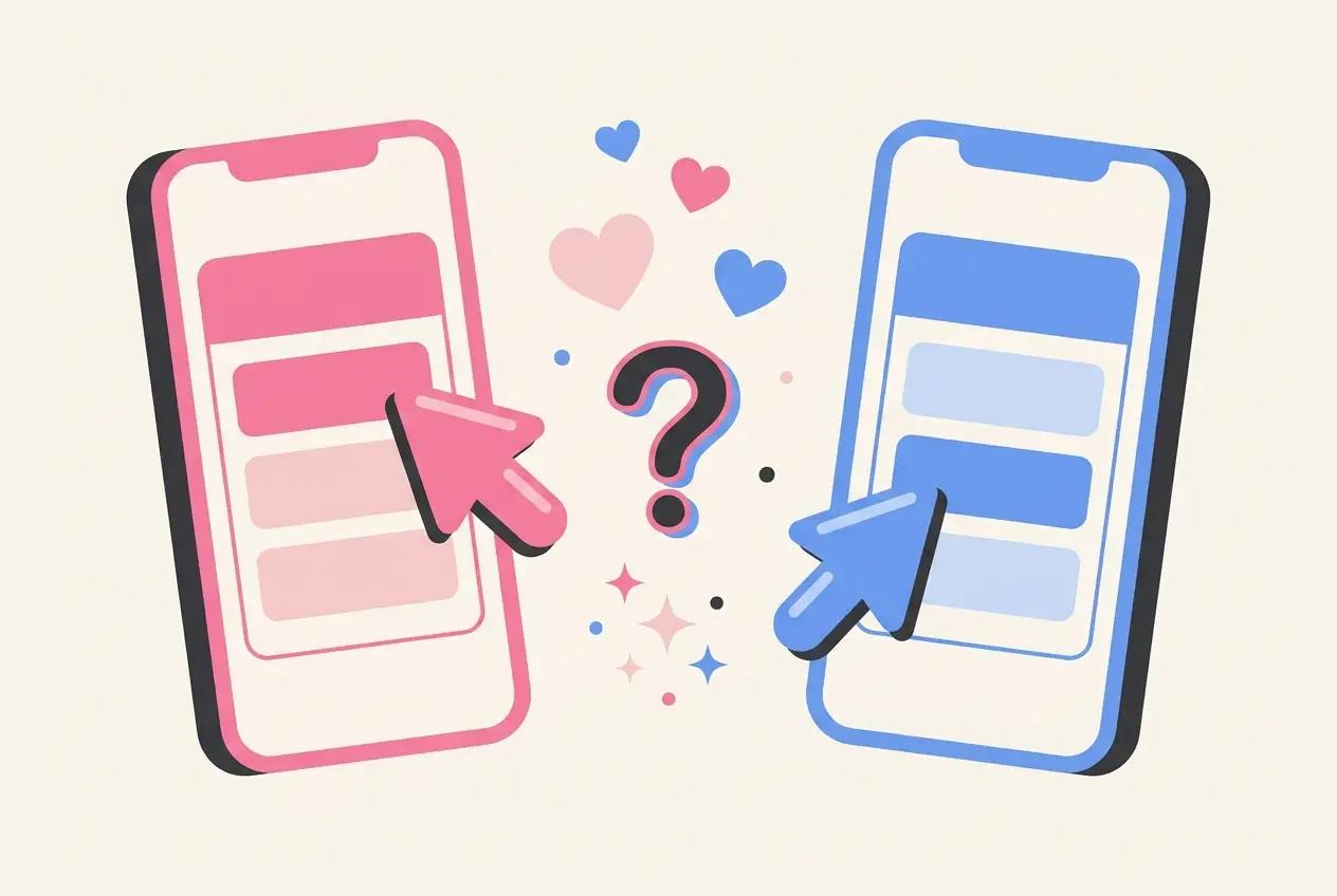 Two phones playing the couples quiz together, one pink and one blue