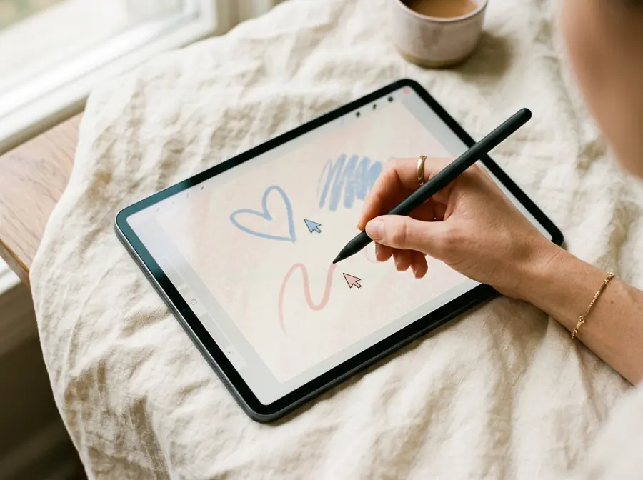 A hand drawing a pastel doodle with a stylus on a tablet, with a second pink and blue cursor on the same canvas.