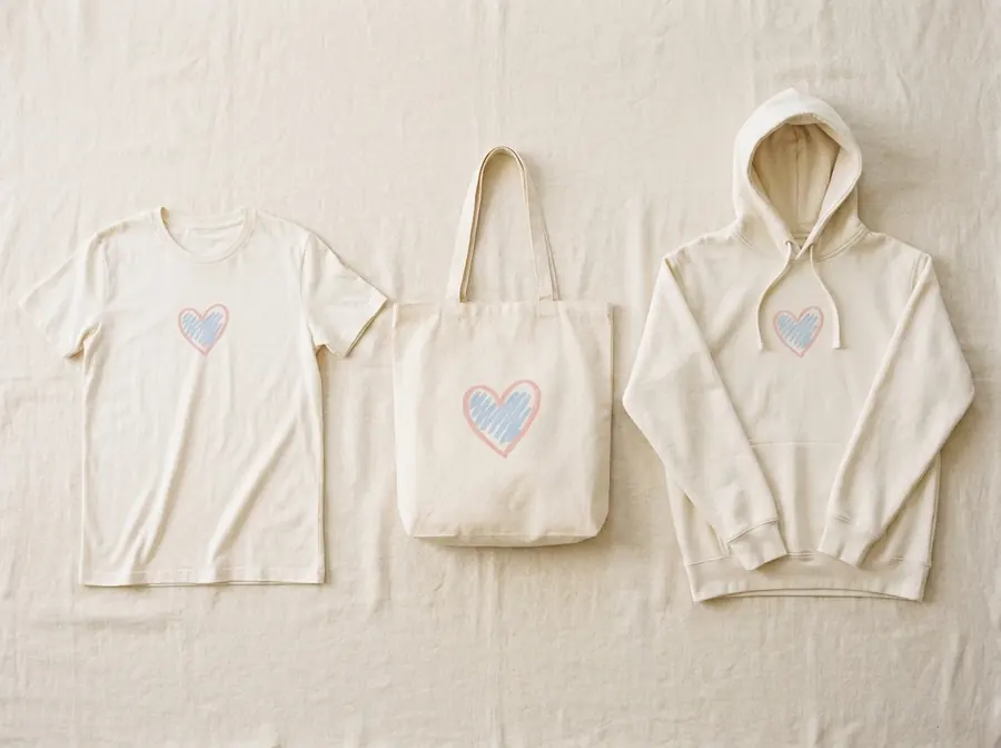 A t-shirt, a canvas tote and a pullover hoodie in a row on cream linen, each printed with the same pastel doodle.