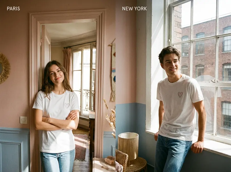 Two people in two different sunlit apartments, each wearing the same white t-shirt with a small pastel heart on the chest.