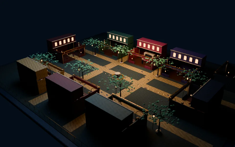 A lantern-lit plaza of small storefronts at night.