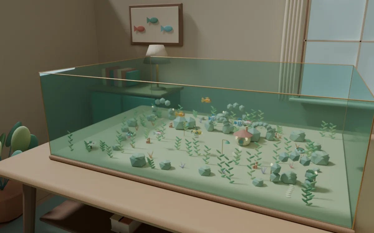 A glass aquarium in a quiet room, with a small submarine inside it.