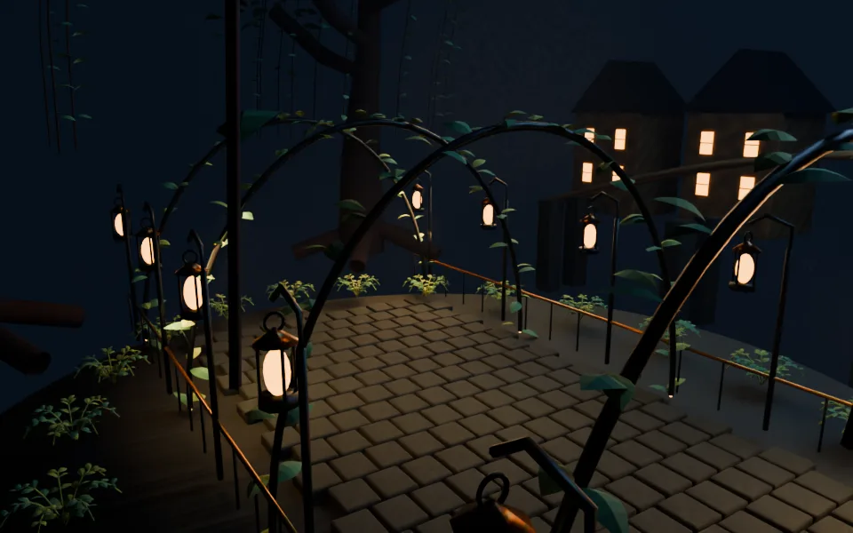 A stone promenade under iron lantern arches at night.